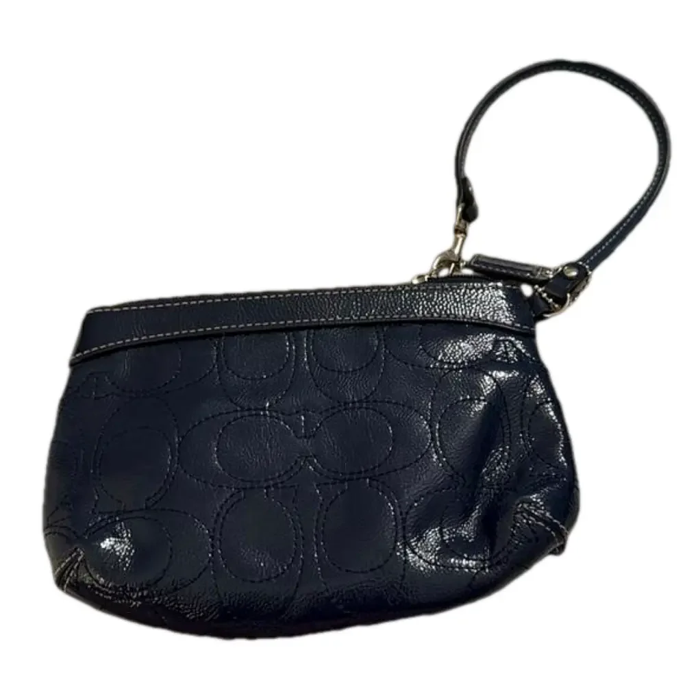 COACH Navy Blue Patented Leather Signature Stitch Wristlet